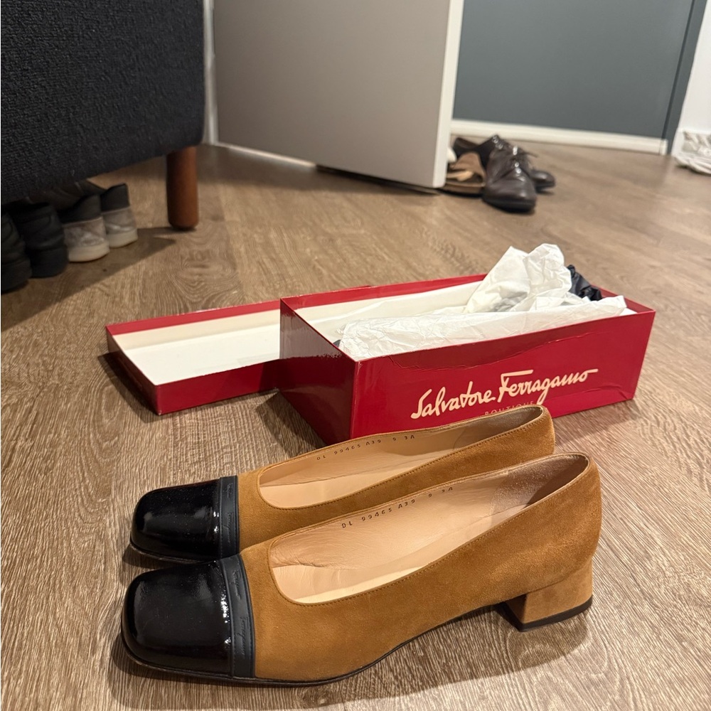 Salvatore Ferragamo Tan and Black Heels